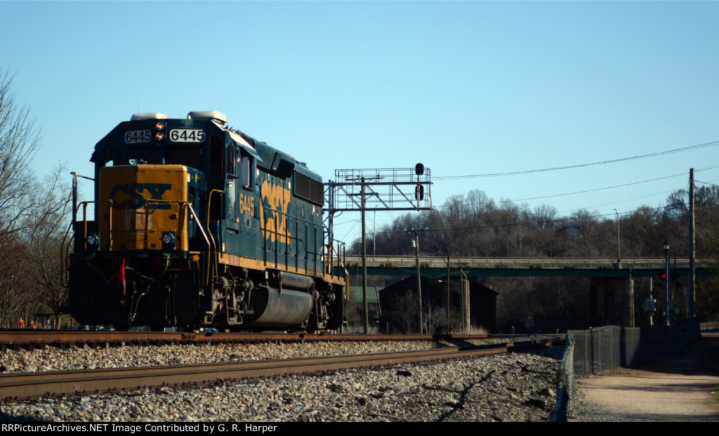 Now running long hood forward, lite engine CSX 6445, train L20505, heads east to Gladstone, VA.